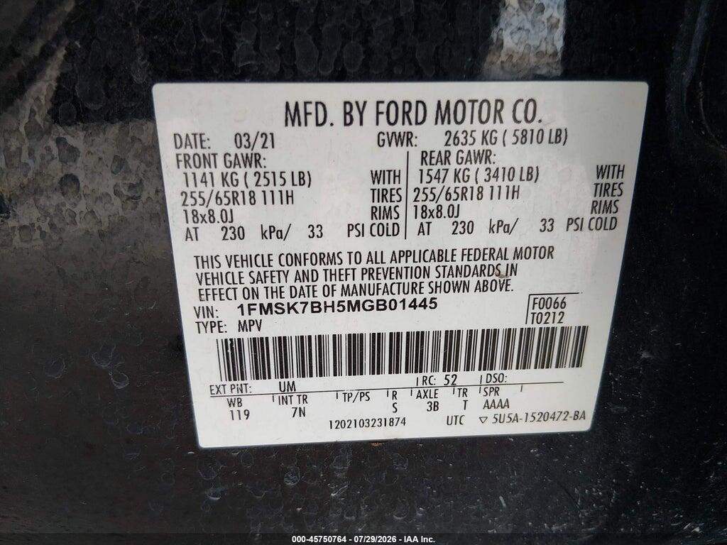 1FMSK7BH5MGB01445 2021 FORD EXPLORER photo no. 9