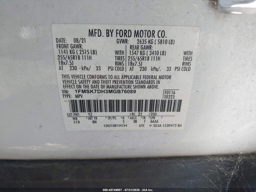 1FMSK7DH3MGB76089 2021 FORD EXPLORER photo no. 9