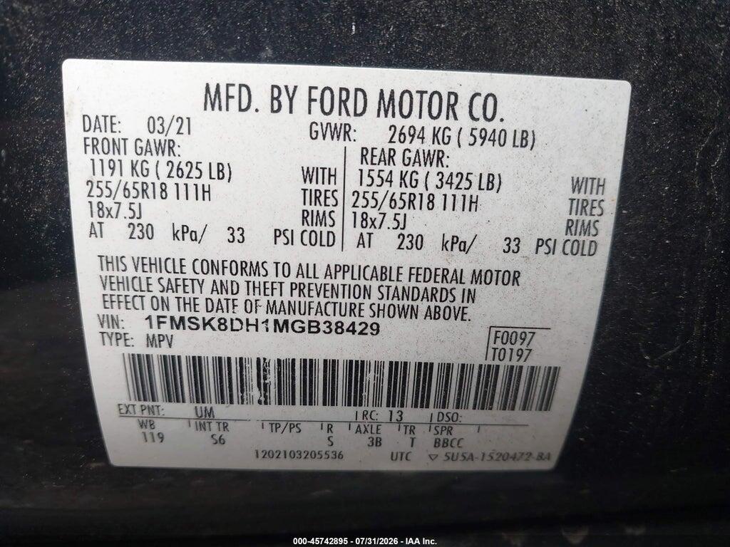 1FMSK8DH1MGB38429 2021 FORD EXPLORER photo no. 9