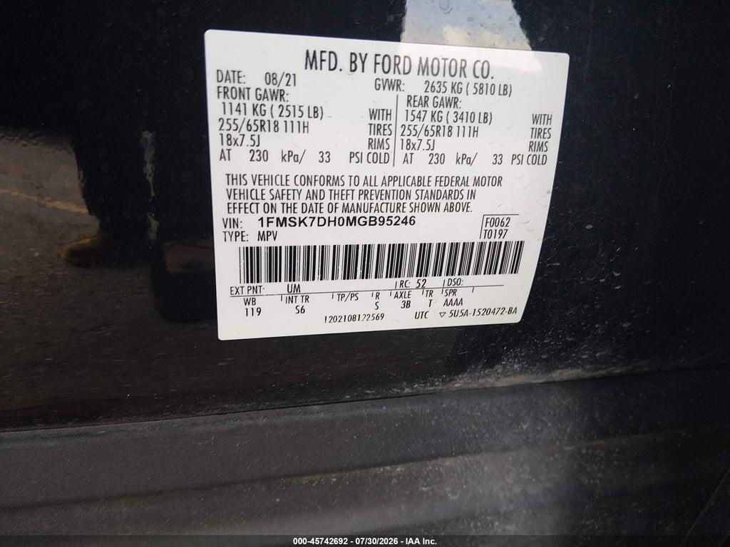 1FMSK7DH0MGB95246 2021 FORD EXPLORER photo no. 9