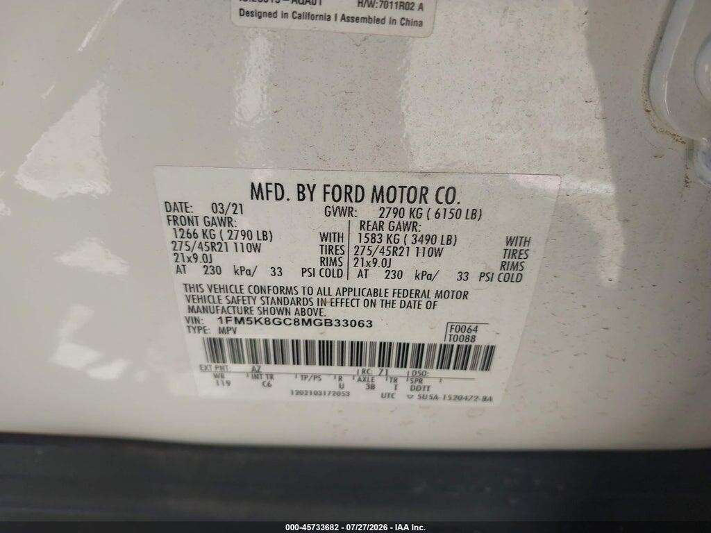 1FM5K8GC8MGB33063 2021 FORD EXPLORER photo no. 9