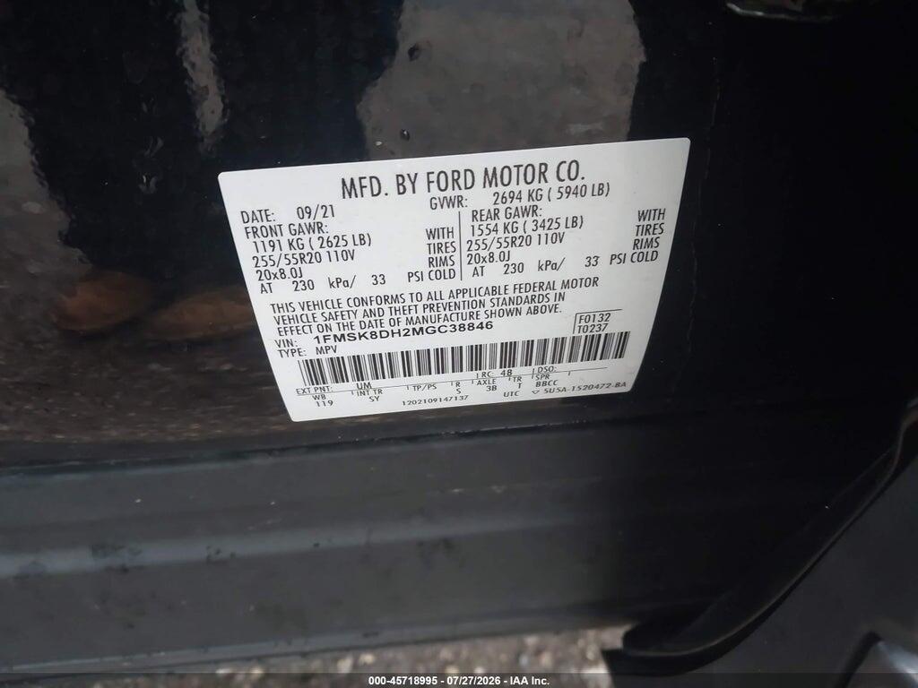 1FMSK8DH2MGC38846 2021 FORD EXPLORER photo no. 9