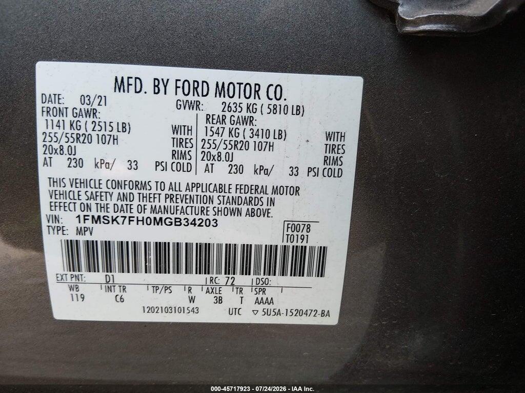 1FMSK7FH0MGB34203 2021 FORD EXPLORER photo no. 9