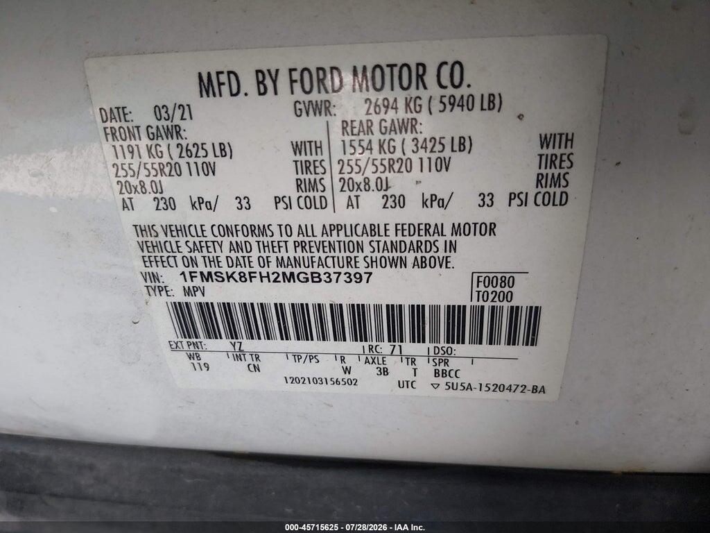 1FMSK8FH2MGB37397 2021 FORD EXPLORER photo no. 9