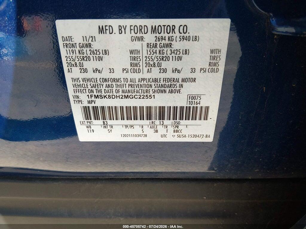 1FMSK8DH2MGC22551 2021 FORD EXPLORER photo no. 9