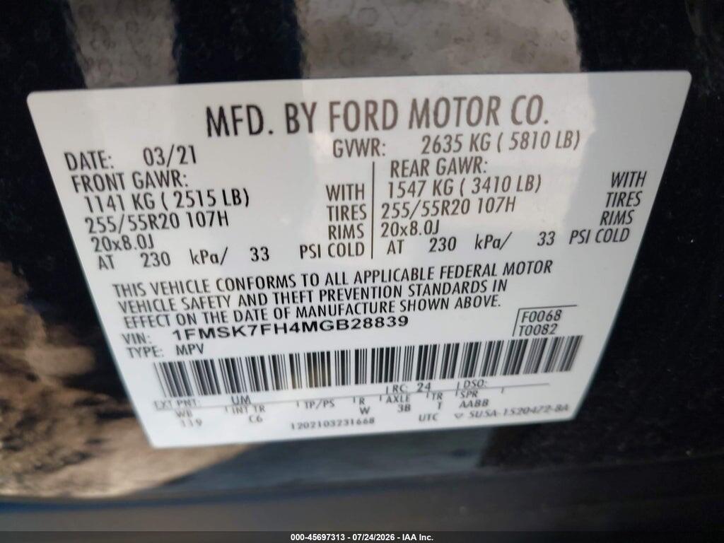 1FMSK7FH4MGB28839 2021 FORD EXPLORER photo no. 9
