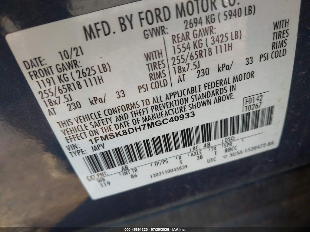 1FMSK8DH7MGC40933 2021 FORD EXPLORER photo no. 9