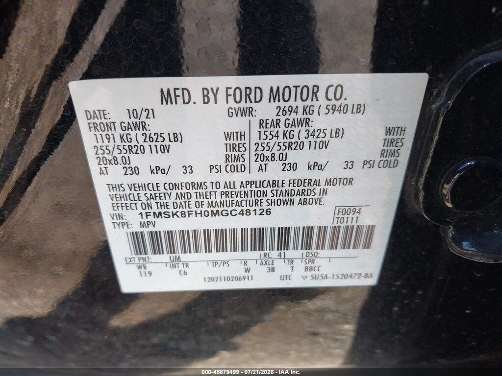 1FMSK8FH0MGC48126 2021 FORD EXPLORER photo no. 9