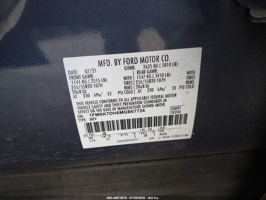 1FMSK7DH6MGB67726 2021 FORD EXPLORER photo no. 9