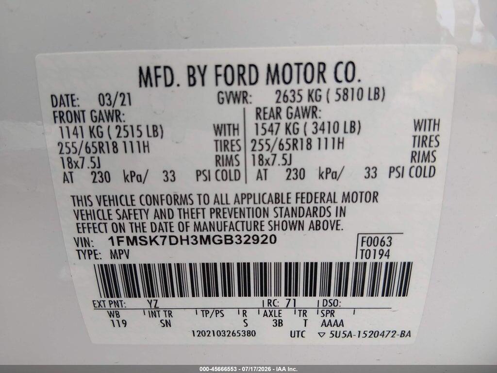 1FMSK7DH3MGB32920 2021 FORD EXPLORER photo no. 9