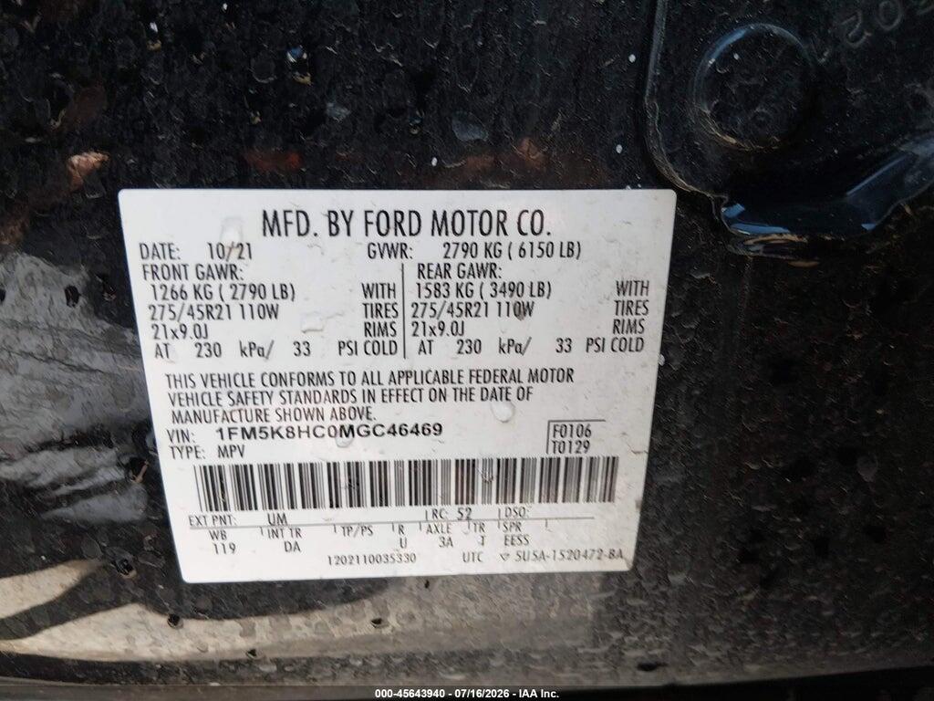 1FM5K8HC0MGC46469 2021 FORD EXPLORER photo no. 9