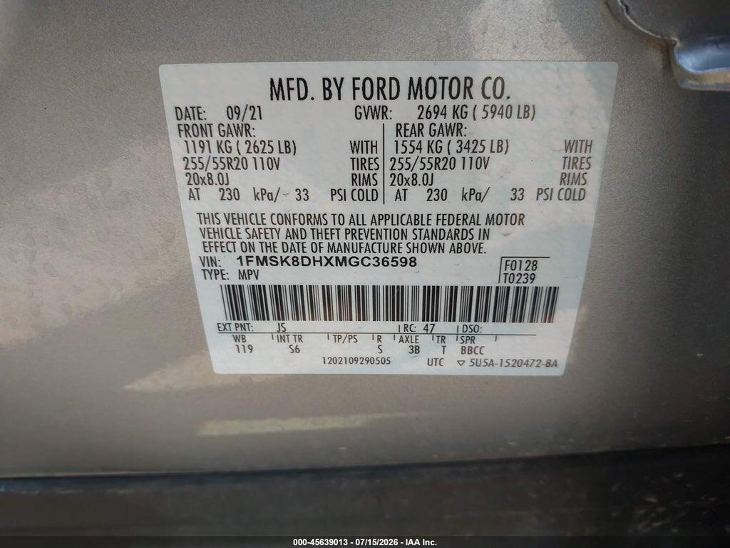 1FMSK8DHXMGC36598 2021 FORD EXPLORER photo no. 9