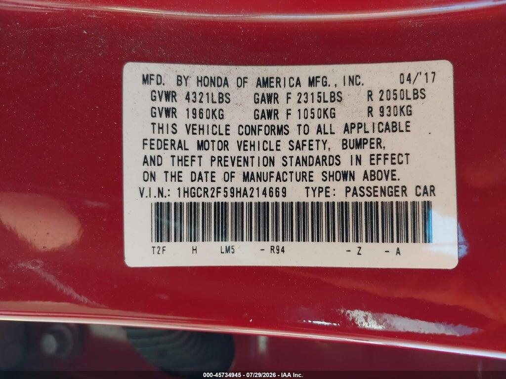 1HGCR2F59HA214669 2017 HONDA ACCORD photo no. 9