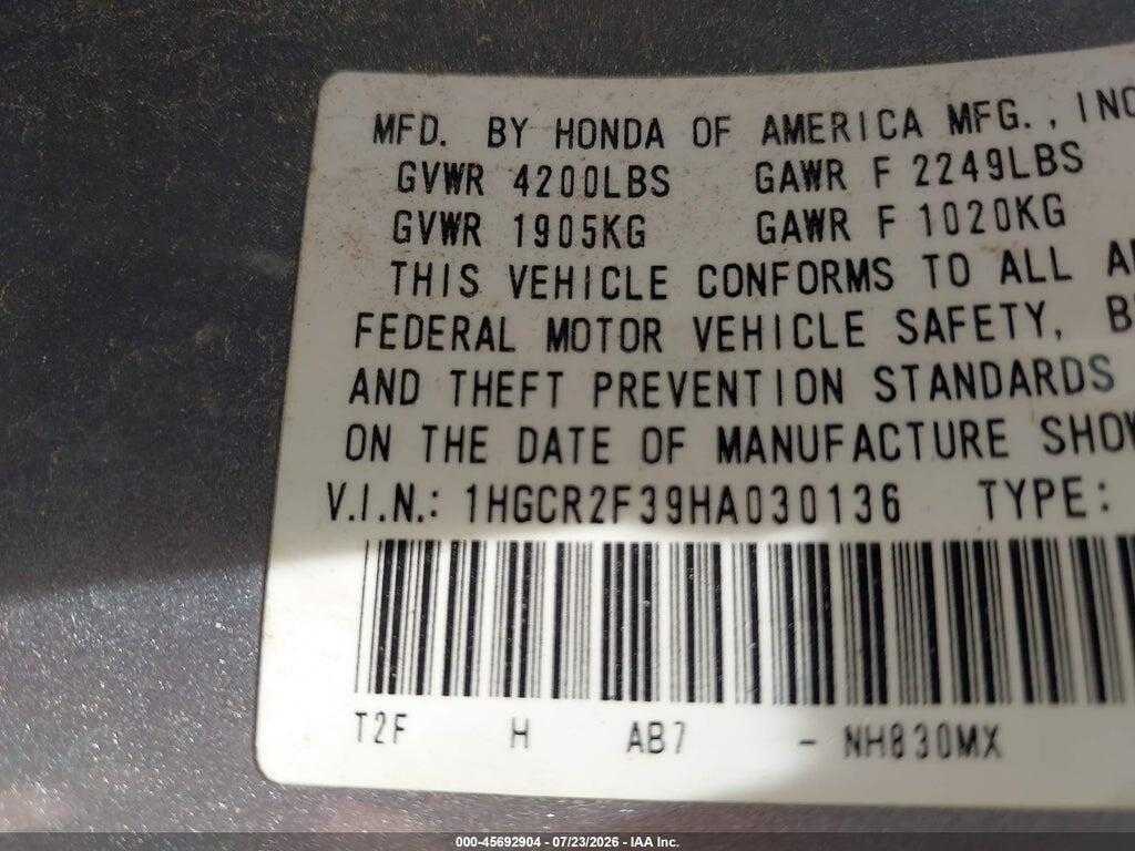 1HGCR2F39HA030136 2017 HONDA ACCORD photo no. 9