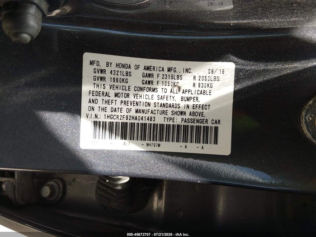 1HGCR2F92HA041483 2017 HONDA ACCORD photo no. 9