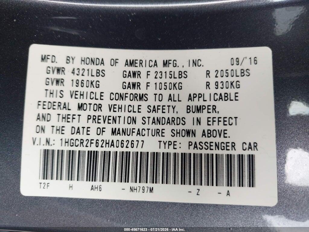 1HGCR2F62HA062677 2017 HONDA ACCORD photo no. 9