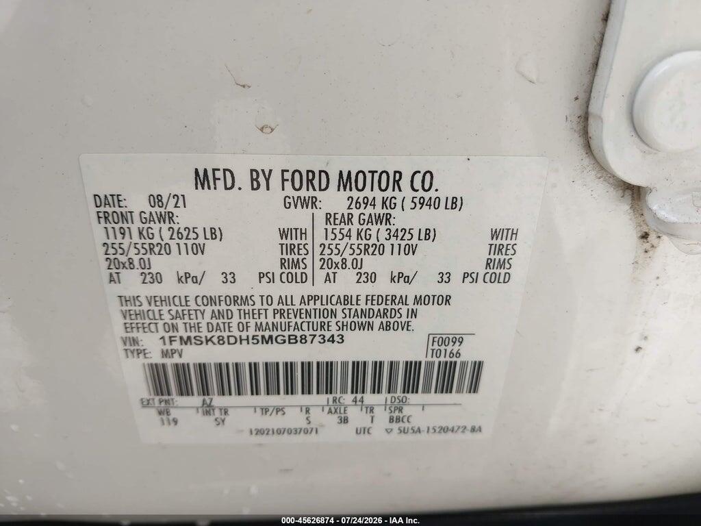1FMSK8DH5MGB87343 2021 FORD EXPLORER photo no. 9