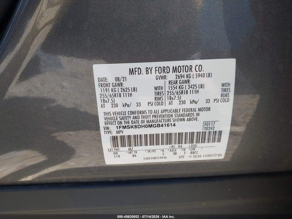 1FMSK8DH0MGB41614 2021 FORD EXPLORER photo no. 9