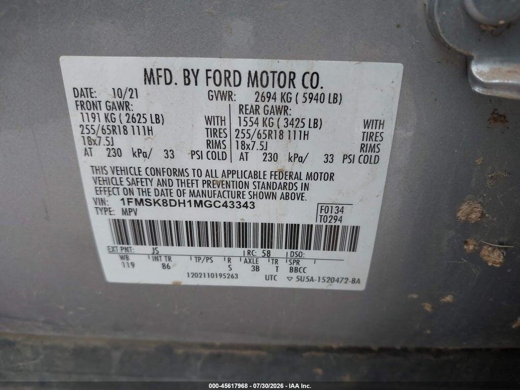 1FMSK8DH1MGC43343 2021 FORD EXPLORER photo no. 9