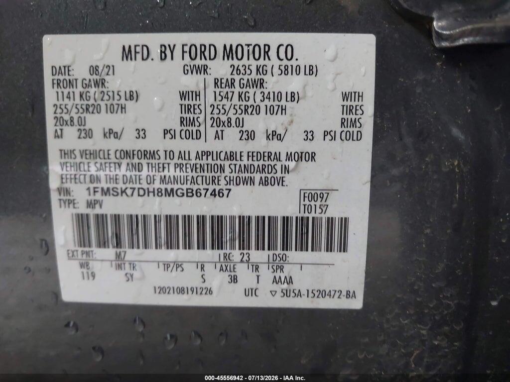 1FMSK7DH8MGB67467 2021 FORD EXPLORER photo no. 9