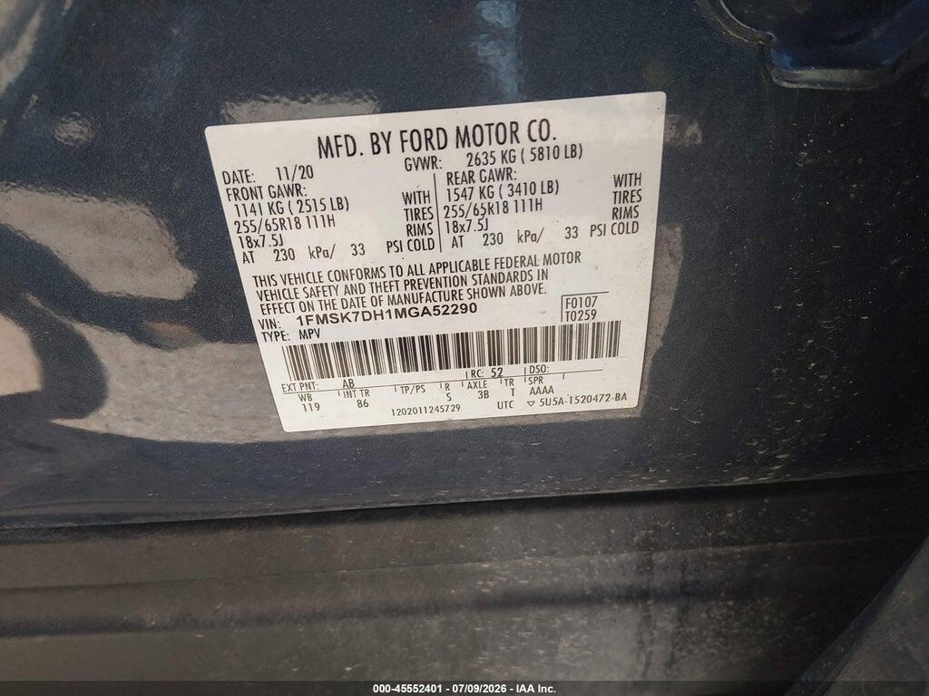1FMSK7DH1MGA52290 2021 FORD EXPLORER photo no. 9