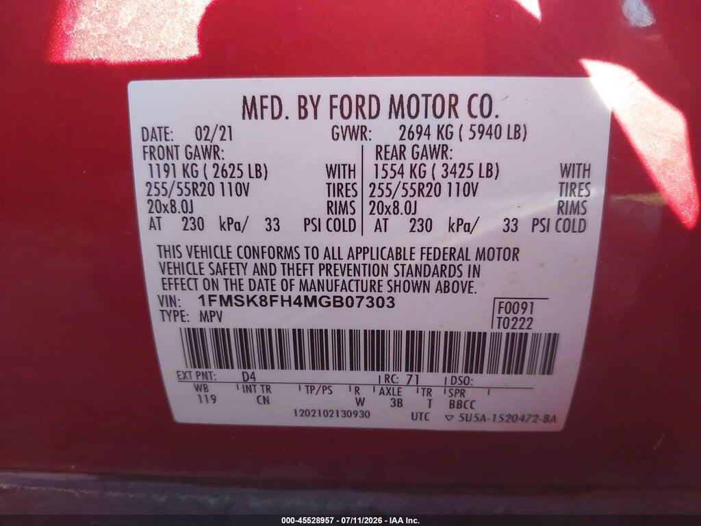 1FMSK8FH4MGB07303 2021 FORD EXPLORER photo no. 9