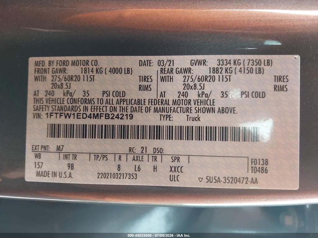 1FTFW1ED4MFB24219 2021 FORD F-150 photo no. 9