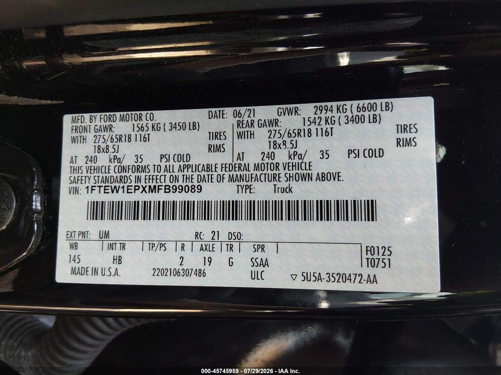 1FTEW1EPXMFB99089 2021 FORD F-150 photo no. 9
