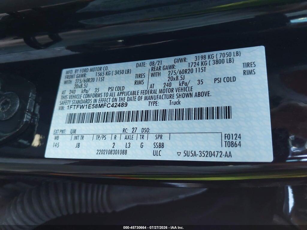 1FTFW1E58MFC42489 2021 FORD F-150 photo no. 9