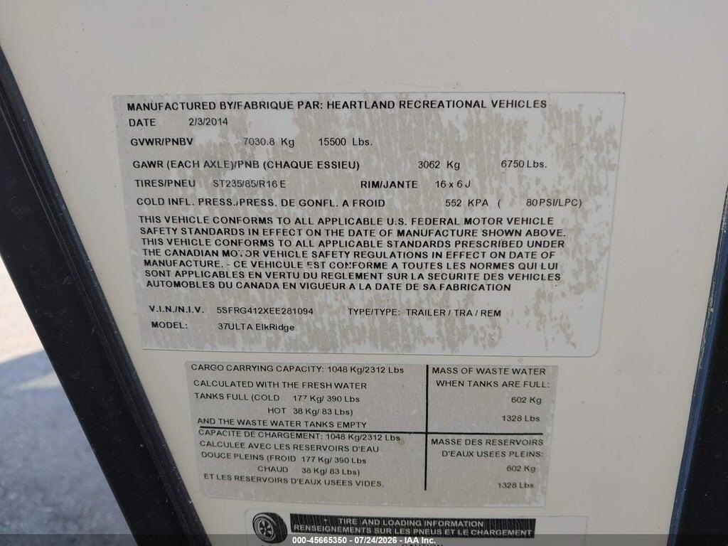5SFRG412XEE281094 2014 HEARTLAND RV ELKRIDGE 5H WHL TRAVEL TRAILER photo no. 9