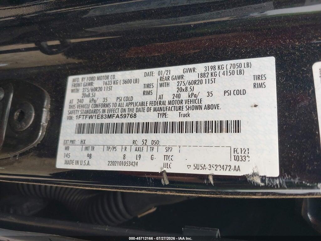 1FTFW1E83MFA59768 2021 FORD F-150 photo no. 9