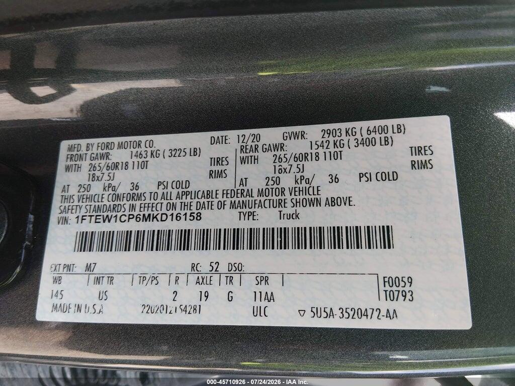 1FTEW1CP6MKD16158 2021 FORD F-150 photo no. 9