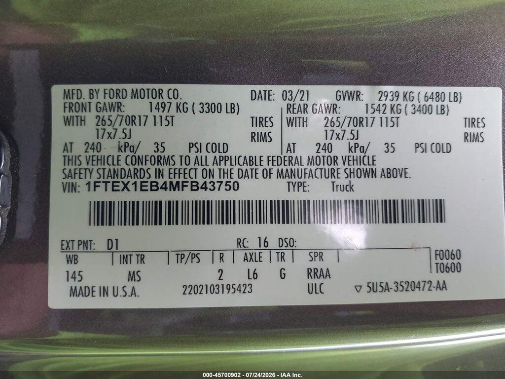 1FTEX1EB4MFB43750 2021 FORD F-150 photo no. 9