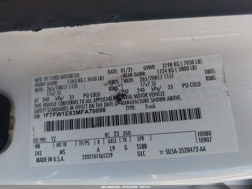 1FTFW1E83MFA76098 2021 FORD F-150 photo no. 9