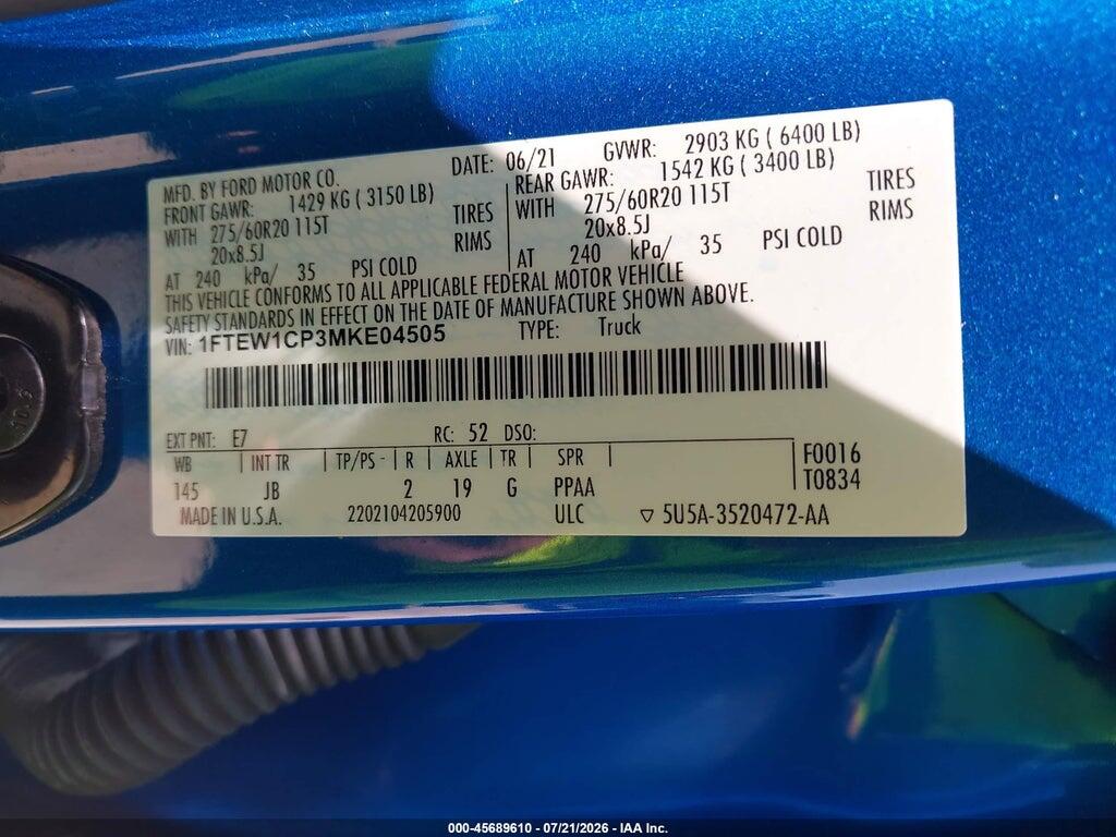 1FTEW1CP3MKE04505 2021 FORD F-150 photo no. 9