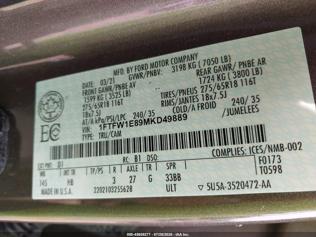 1FTFW1E89MKD49889 2021 FORD F-150 photo no. 9