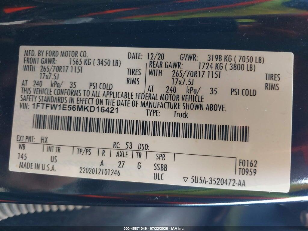 1FTFW1E56MKD16421 2021 FORD F-150 photo no. 9