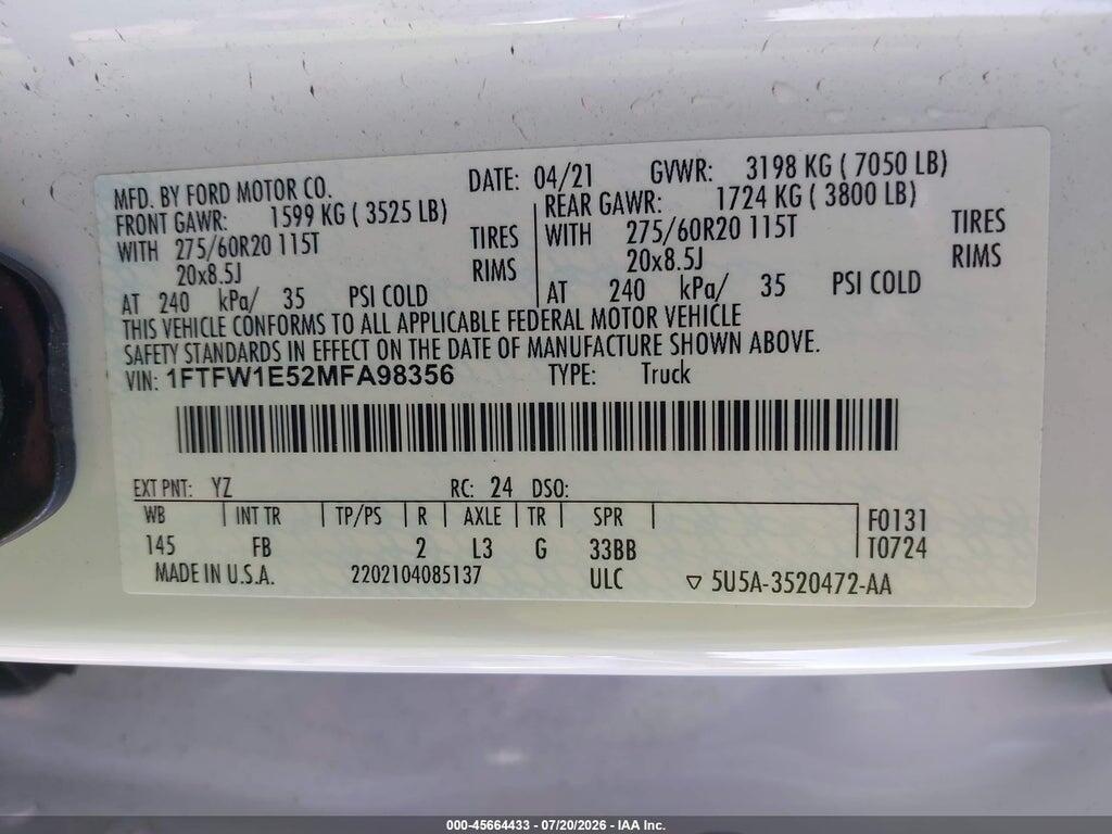1FTFW1E52MFA98356 2021 FORD F-150 photo no. 9