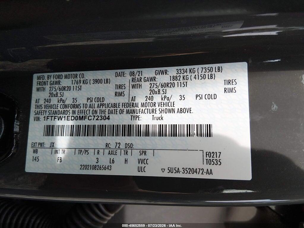 1FTFW1ED0MFC72304 2021 FORD F-150 photo no. 9