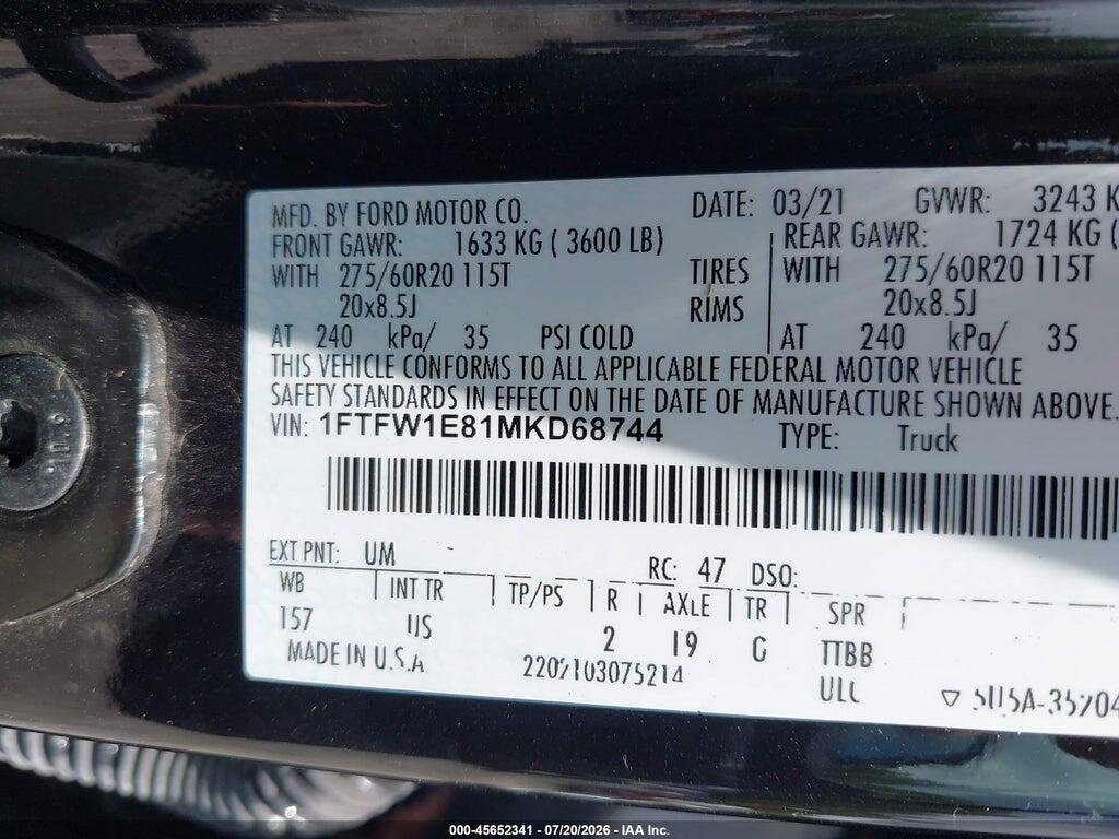 1FTFW1E81MKD68744 2021 FORD F-150 photo no. 9