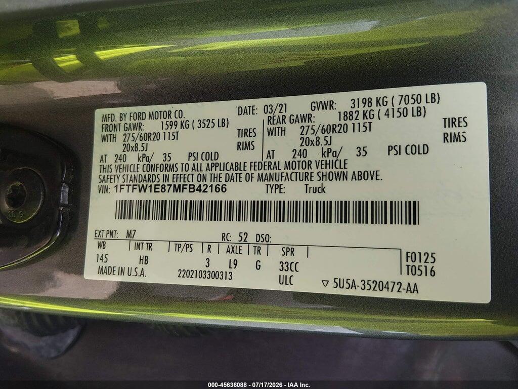 1FTFW1E87MFB42166 2021 FORD F-150 photo no. 9