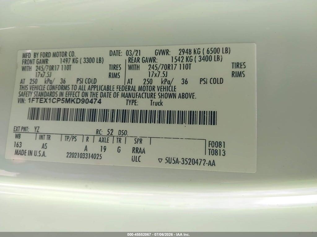 1FTEX1CP5MKD90474 2021 FORD F-150 photo no. 9