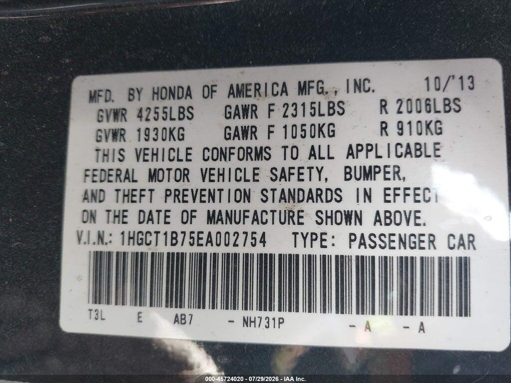 1HGCT1B75EA002754 2014 HONDA ACCORD photo no. 9