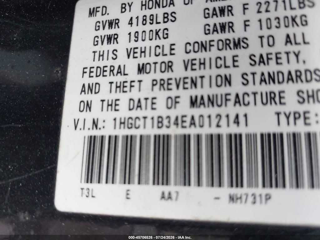 1HGCT1B34EA012141 2014 HONDA ACCORD photo no. 9