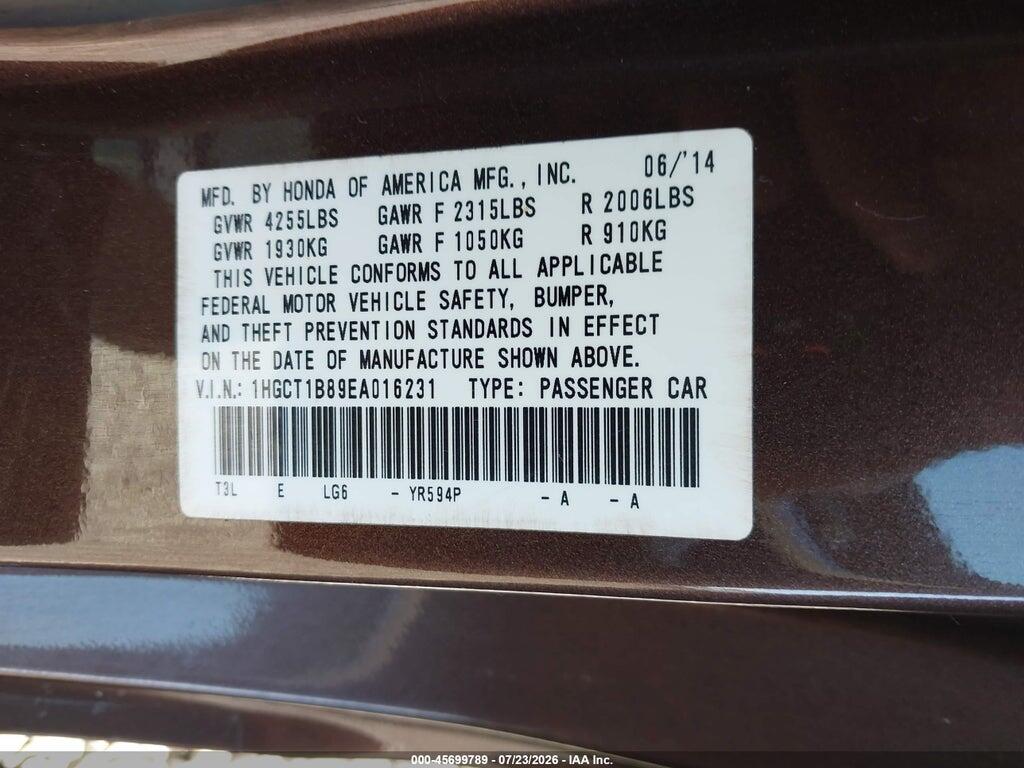 1HGCT1B89EA016231 2014 HONDA ACCORD photo no. 9