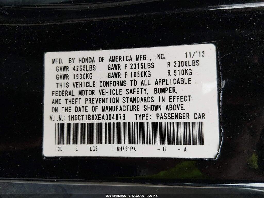 1HGCT1B8XEA004976 2014 HONDA ACCORD photo no. 9