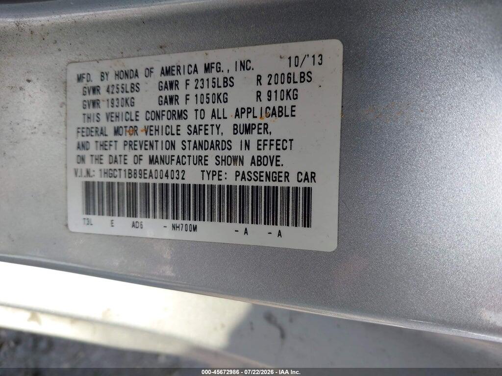 1HGCT1B89EA004032 2014 HONDA ACCORD photo no. 9