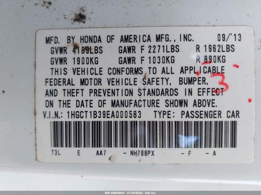 1HGCT1B39EA000583 2014 HONDA ACCORD photo no. 9