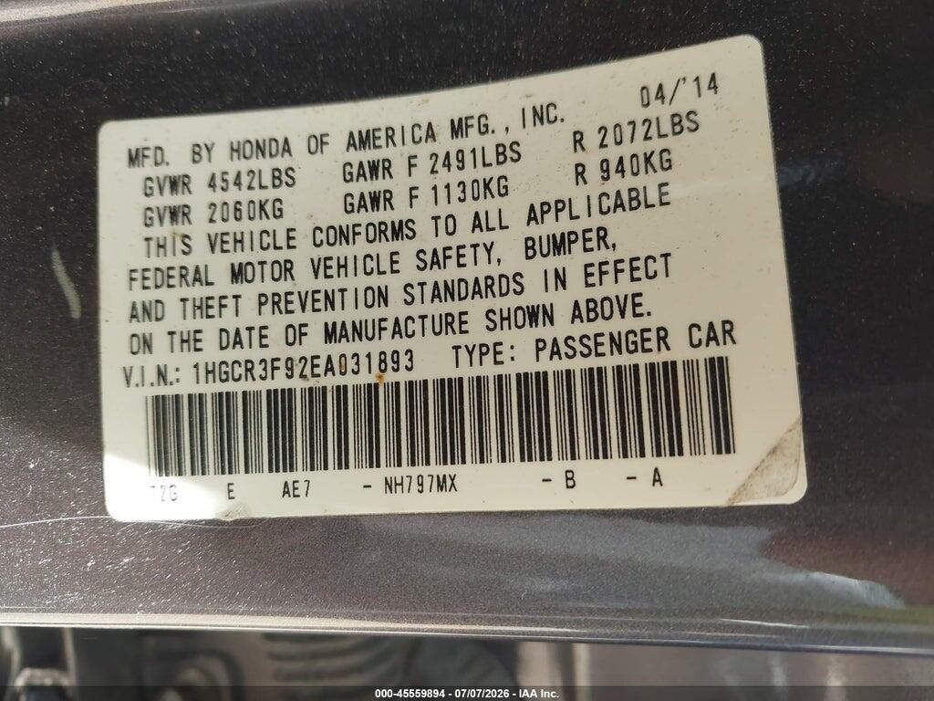 1HGCR3F92EA031893 2014 HONDA ACCORD photo no. 9