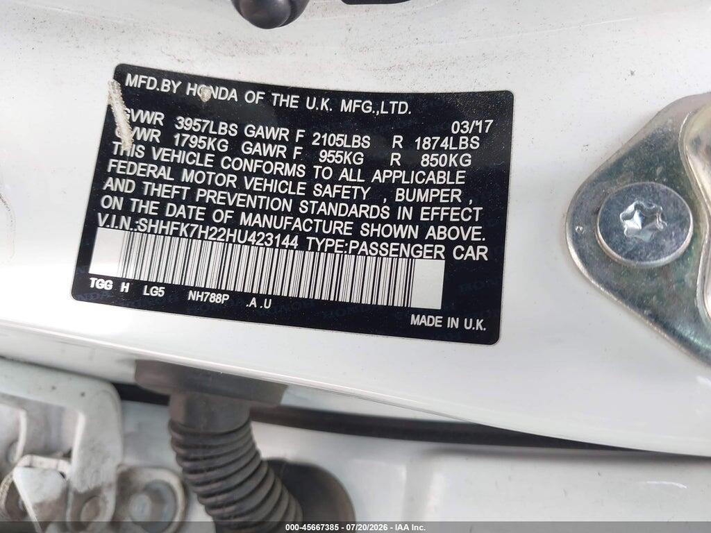 SHHFK7H22HU423144 2017 HONDA CIVIC photo no. 9